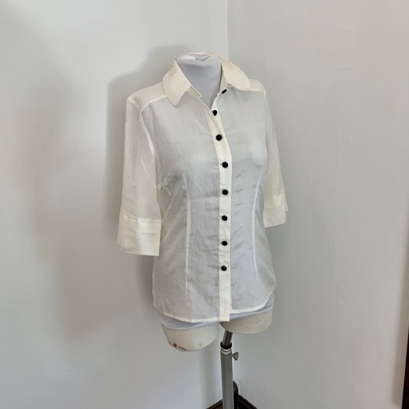 Kensie Pretty Button Down Blouse Top White Silky Classic Cream White Thin 3/4 - Picture 4 of 17